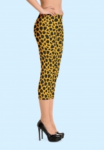 Woman wearing unique Leopard Zouk Capri Leggings designed by Ooh La La Zouk. Right side high heels view.