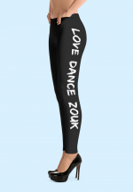 Woman wearing Zouk Leggings decorated with a unique "Love Dance Zouk" design. Left side view (3) in high-heels. By Ooh La La Zouk.
