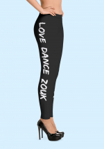 Woman wearing Zouk Leggings decorated with a unique “Love Dance Zouk” design. Right side view (3) in high-heels. By Ooh La La Zouk.