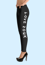 Woman wearing Zouk Leggings decorated with unique “Love Zouk” design. Left side view in high heels. By Ooh La La Zouk.