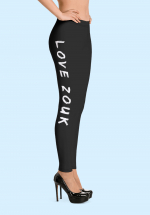Woman wearing Zouk Leggings decorated with unique “Love Zouk” design. Right side view in high heels. By Ooh La La Zouk.