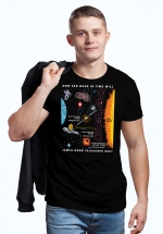 Man wearing unique “James Webb Space Telescope” t-shirt in black crew neck style