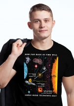 Closeup of man wearing unique “James Webb Space Telescope” t-shirt in black crew neck style