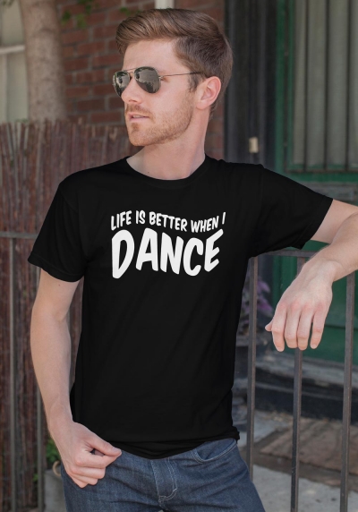 Man wearing Zouk T-shirt decorated with unique "Life is better when I Dance" design in black crew neck style