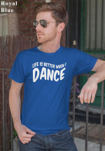 Man wearing Zouk T-shirt decorated with unique “Life is better when I Dance” design in blue crew neck style
