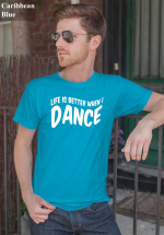 Man wearing Zouk T-shirt decorated with unique “Life is better when I Dance” design in caribbean blue crew neck style