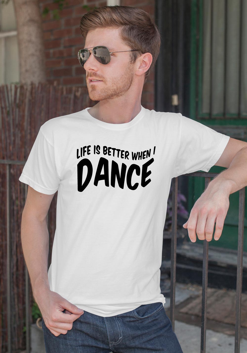 Man wearing Zouk T-shirt decorated with unique “Life is better when I Dance” design in white crew neck style