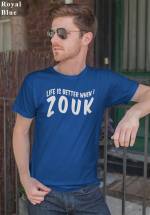 Man wearing Zouk T-shirt decorated with unique “Life is better when I Zouk” design in blue crew neck style