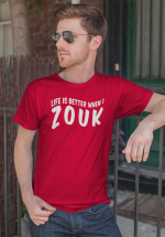 Man wearing Zouk T-shirt decorated with unique “Life is better when I Zouk” design in red crew neck style