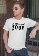 Man wearing Zouk T-shirt decorated with unique “Life is better when I Zouk” design in white crew neck style