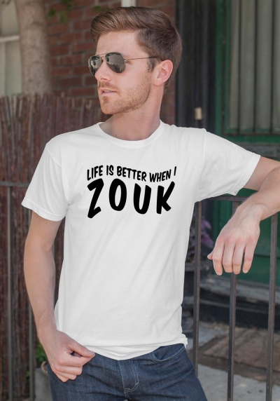 Man wearing Zouk T-shirt decorated with unique "Life is better when I Zouk" design in white crew neck style