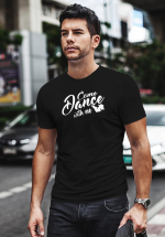 Man wearing Zouk t-shirt decorated with unique “Come Dance with me” design in black crew neck style