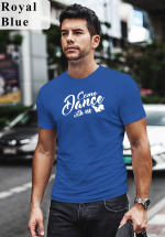 Man wearing Zouk t-shirt decorated with unique “Come Dance with me” design in blue crew neck style