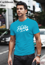 Man wearing Zouk t-shirt decorated with unique “Come Dance with me” design in caribbean blue crew neck style