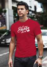 Man wearing Zouk t-shirt decorated with unique “Come Dance with me” design in red crew neck style