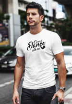 Man wearing Zouk t-shirt decorated with unique “Come Dance with me” design in white crew neck style