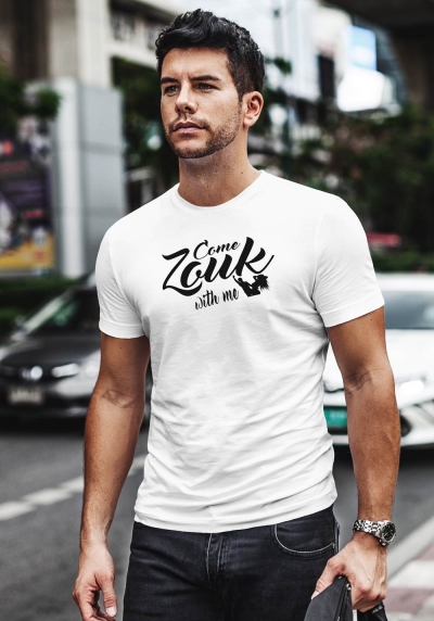 Man wearing Zouk T-shirt decorated with unique "Come Zouk with me" design in white crew neck style