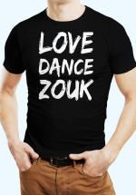 Man wearing Zouk T-shirt decorated with unique “Love Dance Zouk” design in black crew neck style