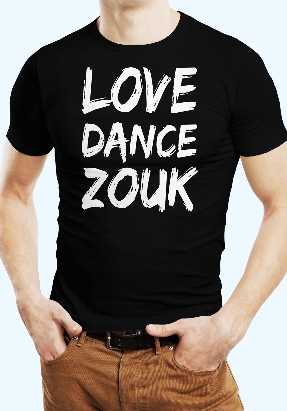 Man wearing Zouk T-shirt decorated with unique "Love Dance Zouk" design in black crew neck style