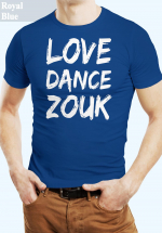 Man wearing Zouk T-shirt decorated with unique “Love Dance Zouk” design in blue crew neck style
