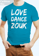Man wearing Zouk T-shirt decorated with unique “Love Dance Zouk” design in Caribbean blue crew neck style