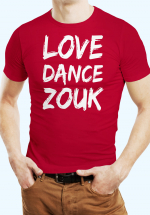 Man wearing Zouk T-shirt decorated with unique “Love Dance Zouk” design in red crew neck style