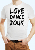 Man wearing Zouk T-shirt decorated with unique “Love Dance Zouk” design in white crew neck style