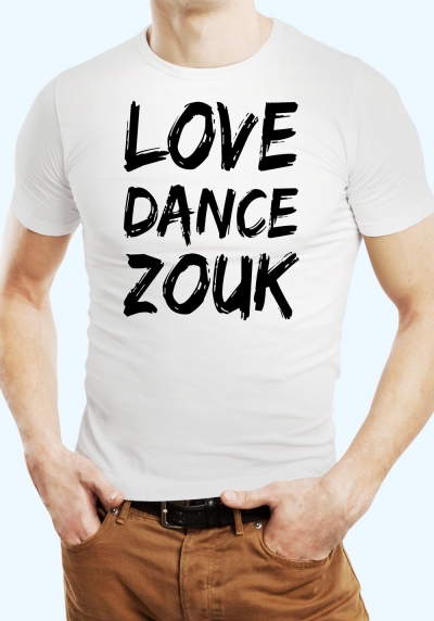 Man wearing Zouk T-shirt decorated with unique "Love Dance Zouk" design in white crew neck style