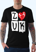 Man wearing Zouk T-shirt decorated with "deeply connected Zouk Dancers in a unique heart design (black, crew neck style) close-up