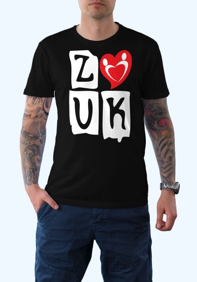 Man wearing Zouk T-shirt decorated with "deeply connected Zouk Dancers in a unique heart design (black, crew neck style)