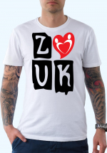 Man wearing Zouk T-shirt decorated with “deeply connected Zouk Dancers in a unique heart design (white, crew neck style) close-up