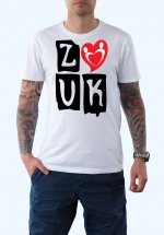 Man wearing Zouk T-shirt decorated with “deeply connected Zouk Dancers in a unique heart design (white, crew neck style)