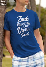 Man wearing Zouk T-shirt decorated with unique “Zouk feels so damn good” design (blue crew neck style)
