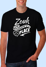 Man wearing Zouk t-shirt decorated with "Zouk is my HAPPY place" (black, crew neck style)