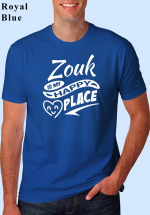 Man wearing Zouk t-shirt decorated with “Zouk is my HAPPY place” (blue, crew neck style)