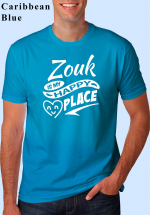 Man wearing Zouk t-shirt decorated with “Zouk is my HAPPY place” (caribbean blue, crew neck style)