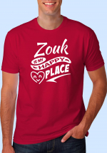Man wearing Zouk t-shirt decorated with “Zouk is my HAPPY place” (red, crew neck style)