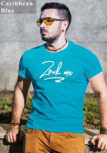 Man wearing Zouk T-shirt decorated with unique “Zouk me” design (caribbean blue crew neck style)