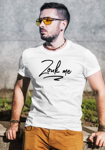 Man wearing Zouk T-shirt decorated with unique "Zouk me" design (white crew neck style)