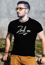 Man wearing Zouk T-shirt decorated with unique "Zouk me" design (black crew neck style)