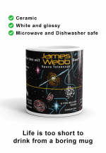 Front view of unique James Webb Space Telescope mug design to commemorate the launch of James Webb and celebrate it as the most powerful space telescope humanity has ever built.