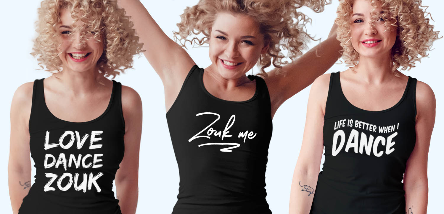 Three women wearing Zouk t-shirts you’re going to wear again and again. (tank top version)