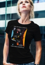 Woman wearing unique “James Webb Space Telescope” t-shirt in black crew neck style