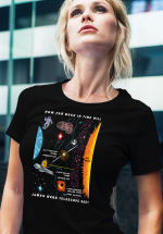 Closeup of woman wearing unique "James Webb Space Telescope" t-shirt in black crew neck style
