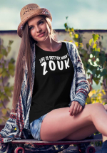 Woman wearing Zouk T-shirt decorated with unique “Life is better when I Zouk” design in black crew neck style