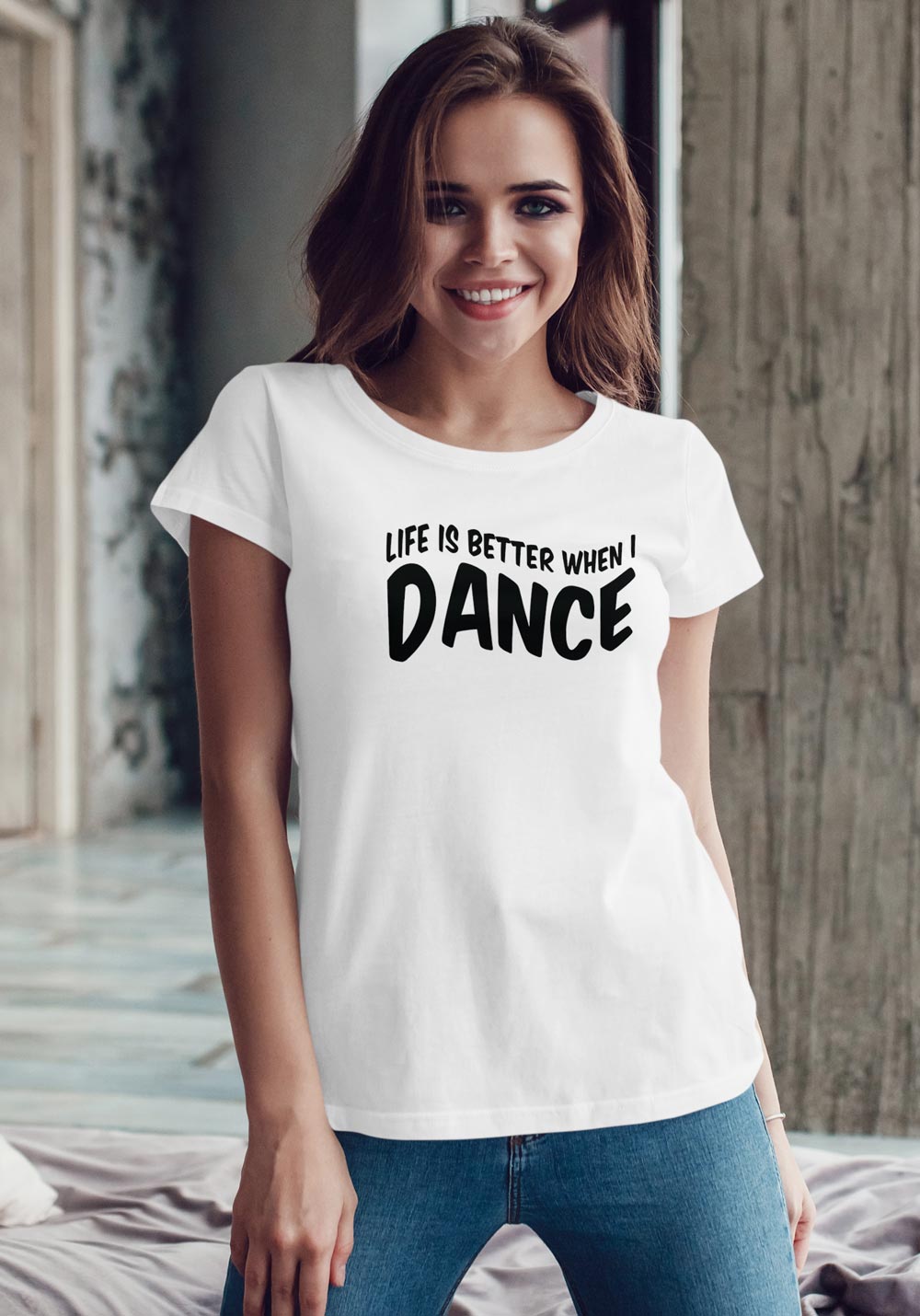 Woman wearing Zouk T-shirt decorated with unique "Life is better when I Dance" design in white crew neck style