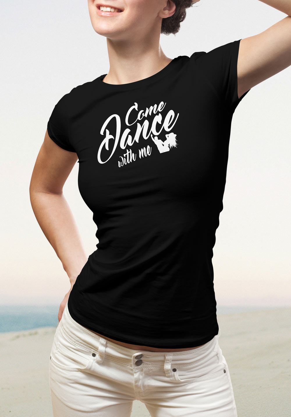Woman wearing Zouk T-shirt decorated with unique “Come Dance with me” design in black crew neck style