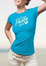 Woman wearing Zouk T-shirt decorated with unique “Come Dance with me” design in blue crew neck style