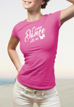 Woman wearing Zouk T-shirt decorated with unique “Come Dance with me” design in pink crew neck style