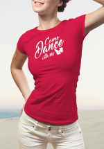 Woman wearing Zouk T-shirt decorated with unique “Come Dance with me” design in red crew neck style